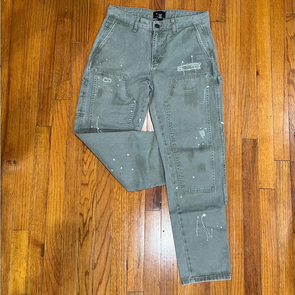 Straight legged Green Carpenter Pants with White Paint Splatter